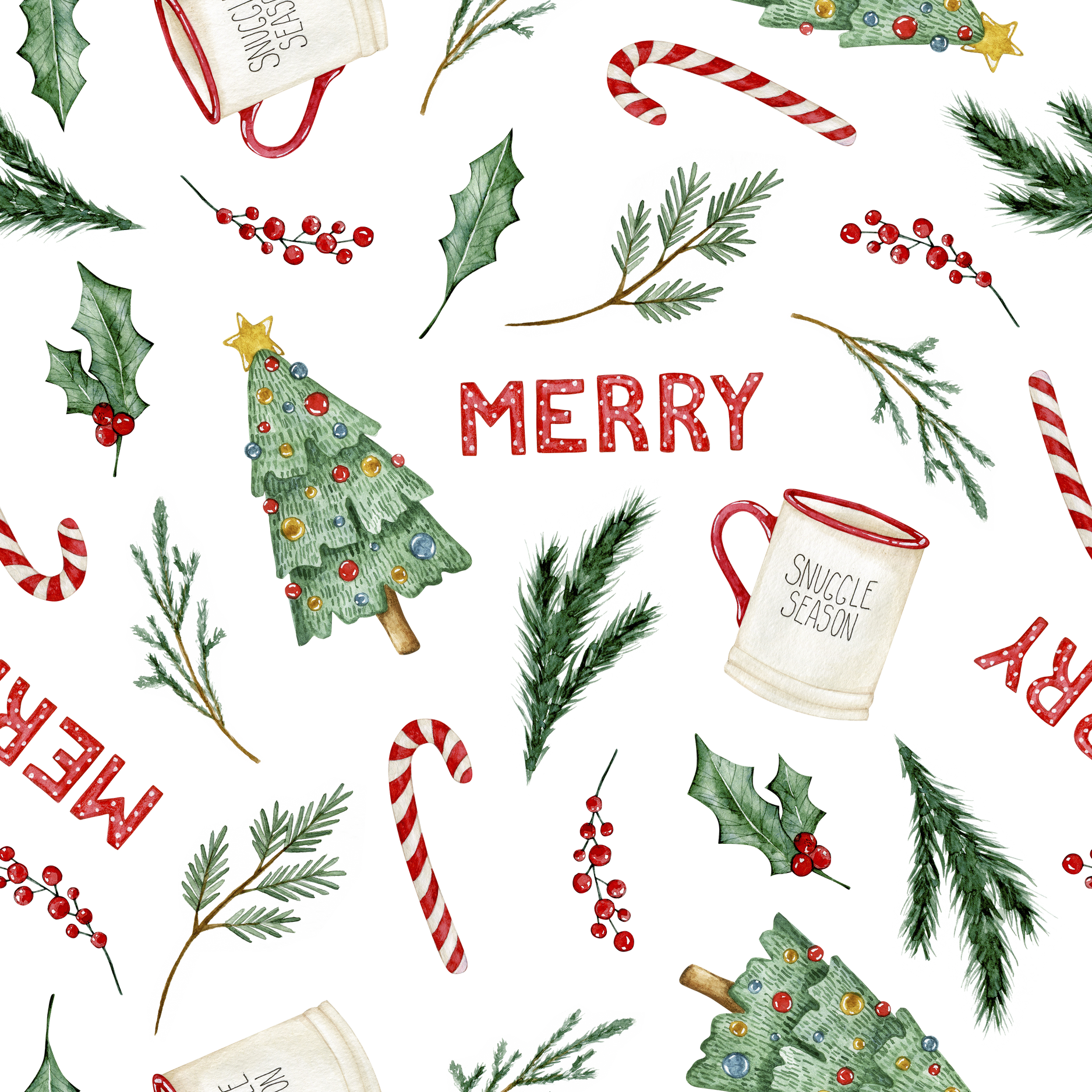 watercolor seamless pattern with cup fir christmas tree